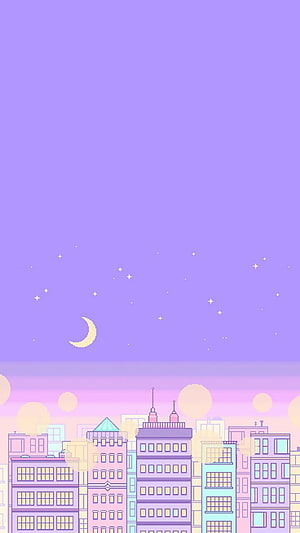 Cute Pastel City Skyline with Crescent Moon and Stars in Soft Purple Night Sky HD phone wallpaper