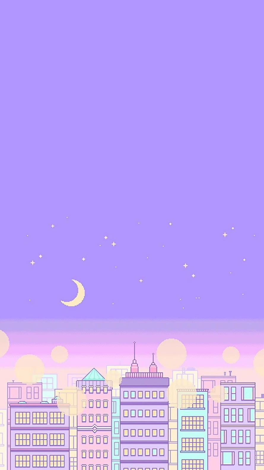 Cute Pastel City Skyline with Crescent Moon and Stars in Soft Purple Night Sky HD phone wallpaper