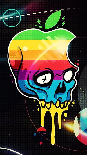 Rainbow Apple Skull Melt Illustration with Neon Accents on Dark Background HD phone wallpaper