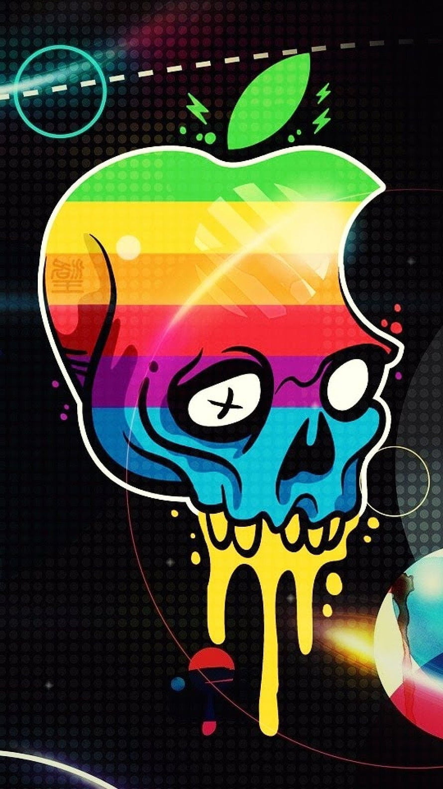 Rainbow Apple Skull Melt Illustration with Neon Accents on Dark Background HD phone wallpaper