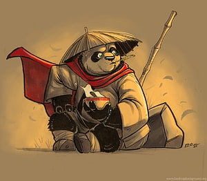 Kung Fu Panda Po Resting with Bamboo Staff and Straw Hat in Concept Art Style HD wallpaper