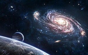 Vast Cosmic Scene Featuring Spiral Galaxies, Distant Planets, and Star-Scattered Deep Space HD wallpaper