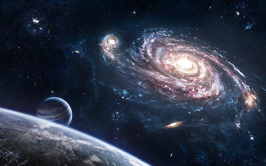 Vast Cosmic Scene Featuring Spiral Galaxies, Distant Planets, and Star-Scattered Deep Space HD wallpaper