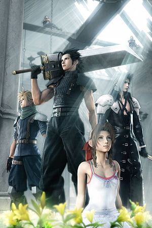 Final Fantasy VII Crisis Core Character Lineup with Zack, Cloud, Aerith, and Sephiroth HD phone wallpaper