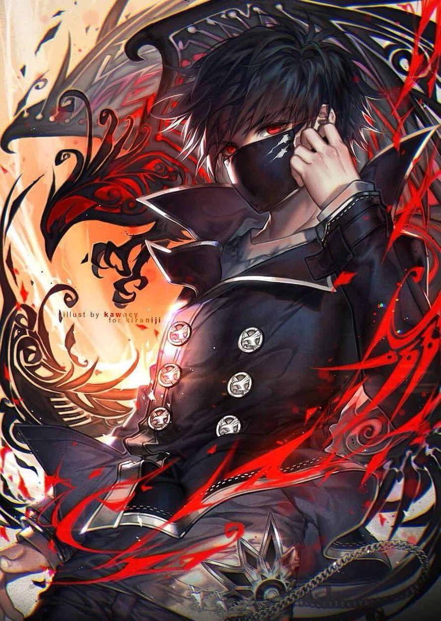 Dark Anime Boy with Red Eyes and Black Mask in Dramatic Illustration HD phone wallpaper
