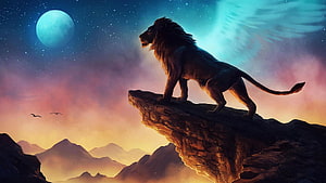 Majestic Lion Standing on Rocky Cliff Under Starry Night Sky with Moon and Aurora HD wallpaper