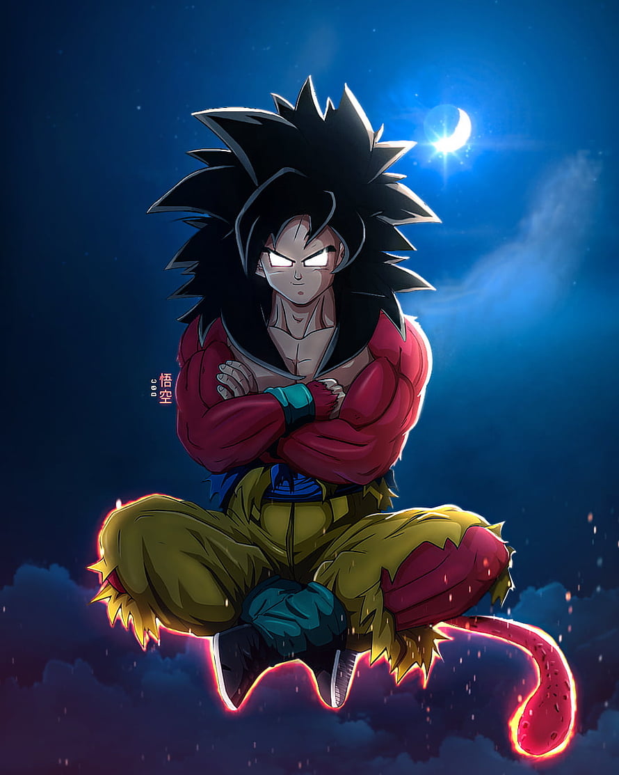 Goku Super Saiyan 4 Floating in Night Sky with Crescent Moon and Glowing Aura HD phone wallpaper