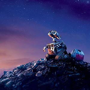 WALL-E Robot Standing on a Pile of Space Junk Under a Starry Night Sky HD phone wallpaper