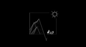 Minimalist White Line Art of Mountains, Pine Trees, and Sun on Black Background HD wallpaper
