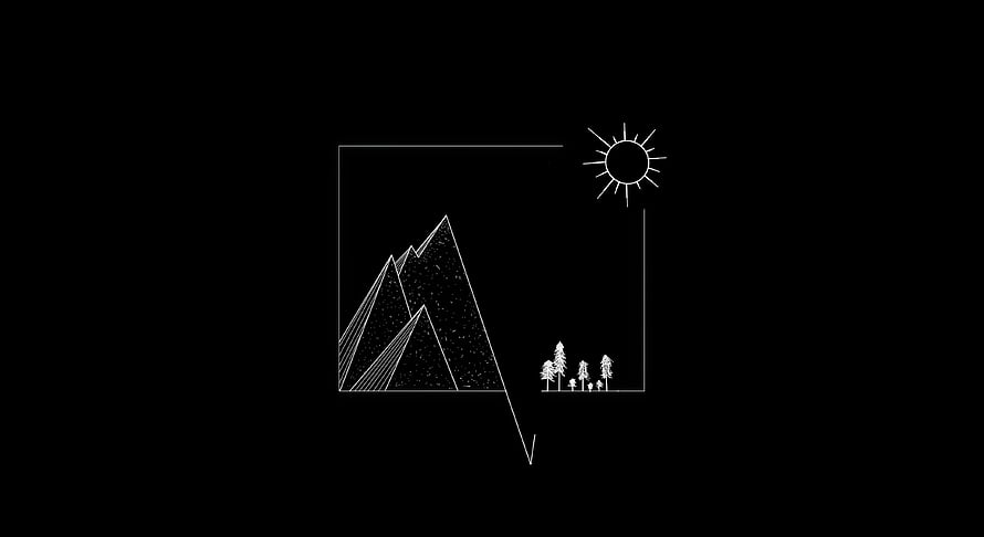 Minimalist White Line Art of Mountains, Pine Trees, and Sun on Black Background HD wallpaper