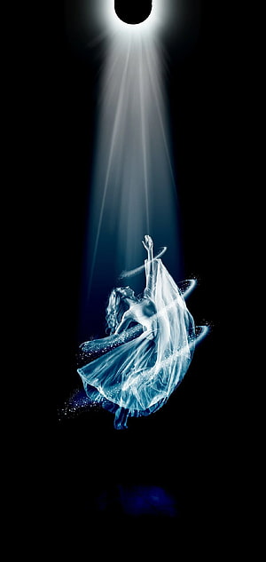 Ethereal Woman in Flowing White Dress Reaching Toward Divine Light Beam in Dark Void, Samsung Note 10 Hole Punch (F+), Middle Hole Punch HD phone wallpaper