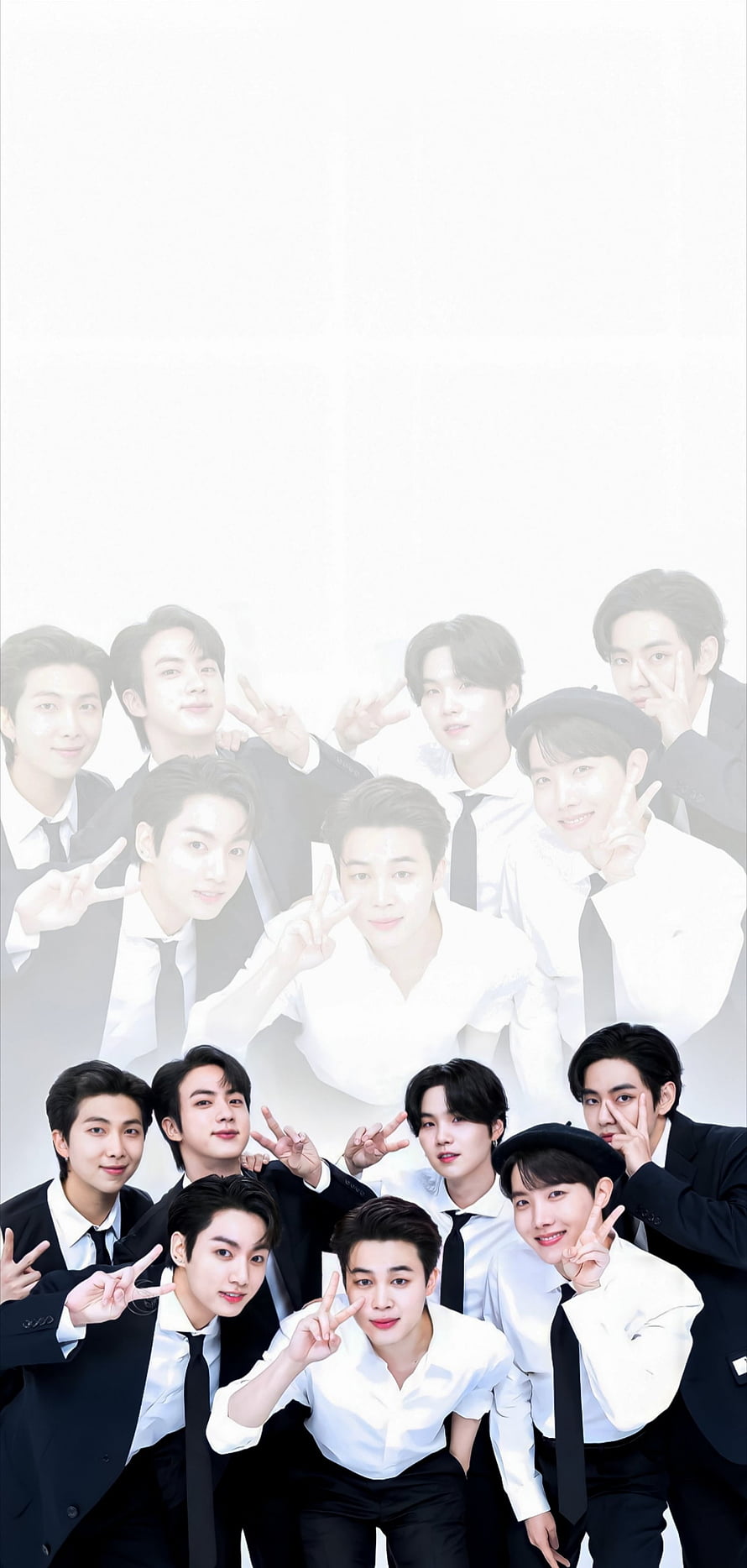 BTS Members in Formal Black and White Suits Making Peace Signs HD phone wallpaper