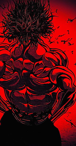 Baki Grappler Intense Muscular Back View in Dramatic Red and Black Ink Style HD phone wallpaper