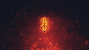 Berserk Brand of Sacrifice Glowing Emblem with Fiery Sparks and Dark Atmosphere HD wallpaper