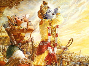 Arjuna and Krishna in Divine Chariot from Mahabharat Epic HD wallpaper