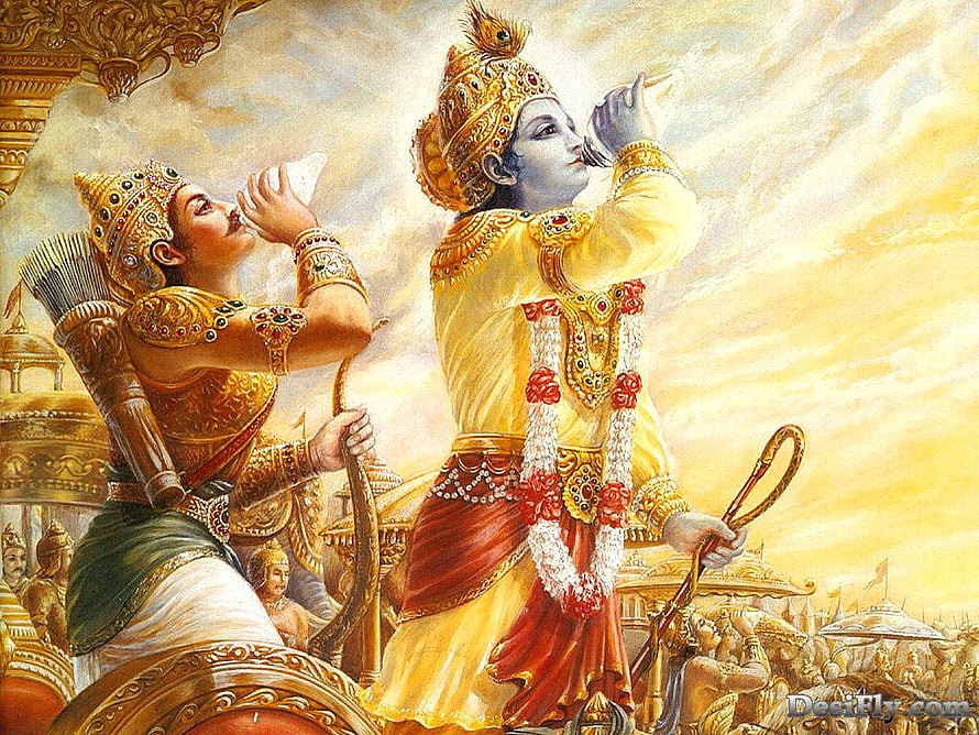 Arjuna and Krishna in Divine Chariot from Mahabharat Epic HD wallpaper