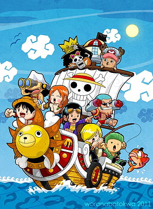 One Piece Chibi Crew Aboard Thousand Sunny in Cheerful Cartoon Style HD phone wallpaper