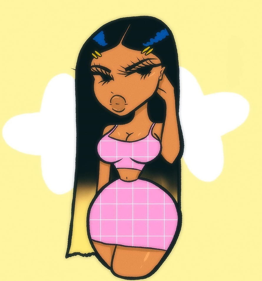 Stylized Cartoon Illustration of a Woman in Pink Grid Outfit with Long Black Hair HD phone wallpaper