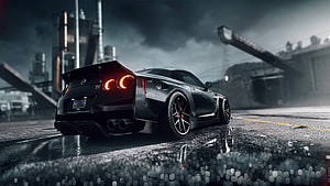 NFS Heat Black Nissan GT-R R35 Rear View on Wet Industrial Street at Night HD wallpaper