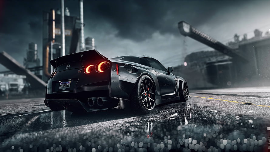 NFS Heat Black Nissan GT-R R35 Rear View on Wet Industrial Street at Night HD wallpaper
