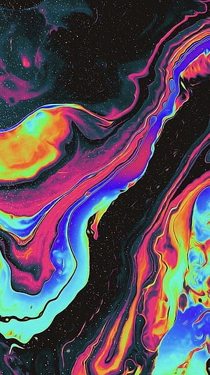 Vibrant psychedelic liquid marble art with swirling neon colors on a dark cosmic background HD phone wallpaper