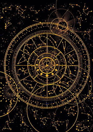 Golden Celestial Star Chart with Constellations and Zodiac Wheel on Black Background HD phone wallpaper