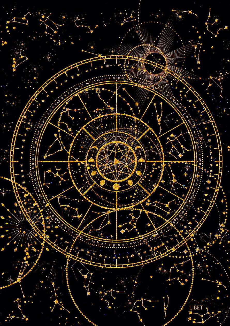 Golden Celestial Star Chart with Constellations and Zodiac Wheel on Black Background HD phone wallpaper