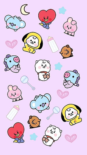 BT21 Cute Kawaii Character Pattern on Soft Pink Background HD phone wallpaper