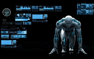 Futuristic Humanoid Robot Crouching with Blue Holographic Data Interface on Black Background HD wallpaper
