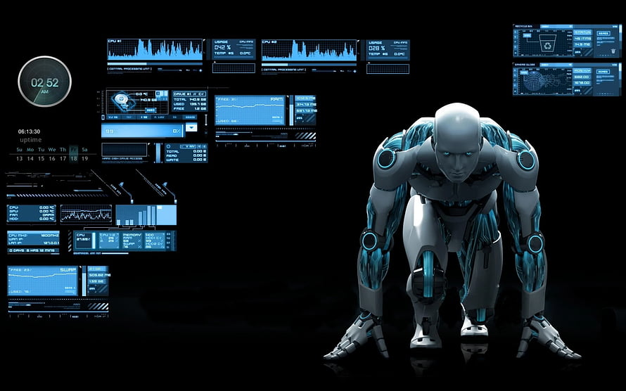 Futuristic Humanoid Robot Crouching with Blue Holographic Data Interface on Black Background HD wallpaper