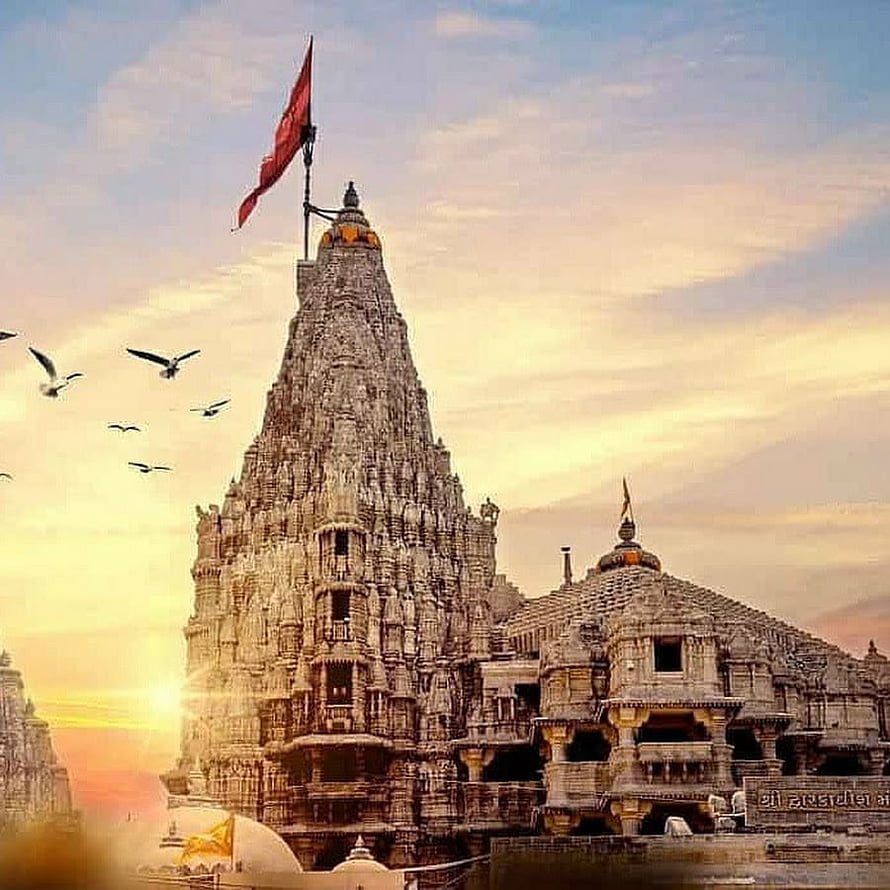 Dwarkadhish Temple at Sunset with Birds in Flight and Red Flag HD phone wallpaper