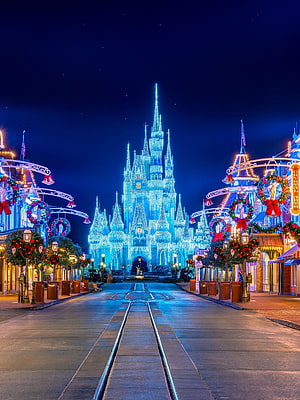 Cinderella Castle at Walt Disney World Illuminated for Christmas Night HD phone wallpaper