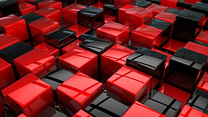 Abstract 3D Render of Glossy Red and Black Cubes in a Geometric Grid HD wallpaper