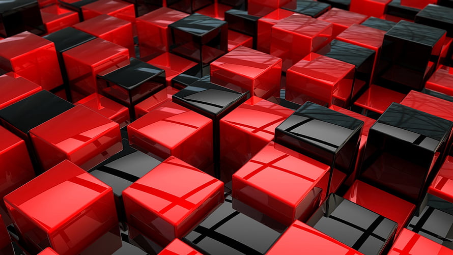 Abstract 3D Render of Glossy Red and Black Cubes in a Geometric Grid HD wallpaper