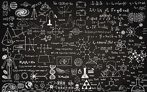 Hand-drawn science and math doodles on a black chalkboard background HD wallpaper
