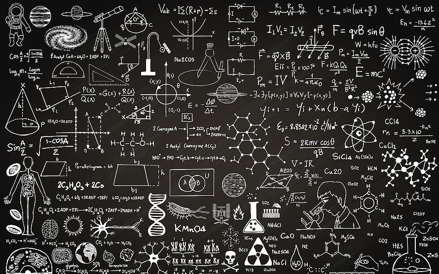 Hand-drawn science and math doodles on a black chalkboard background HD wallpaper