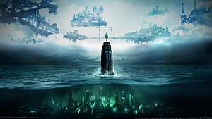 BioShock Infinite Concept Art Featuring Columbia and Rapture Cityscape HD wallpaper