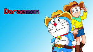 Doraemon and Nobita in Cowboy Outfits Cartoon Illustration HD wallpaper