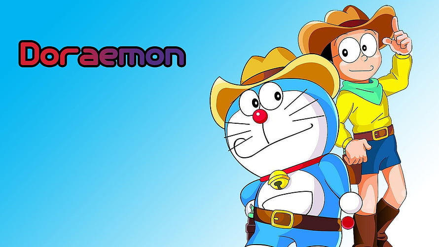 Doraemon and Nobita in Cowboy Outfits Cartoon Illustration HD wallpaper