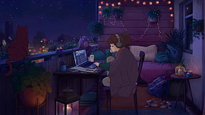 Cozy Anime Girl Working on Laptop at Night in a Plant-Filled Balcony Room HD wallpaper