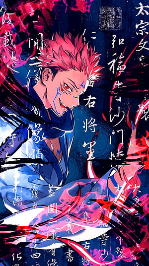 Jujutsu Kaisen Sukuna Portrait With Red Hair And Blue Face Markings HD phone wallpaper