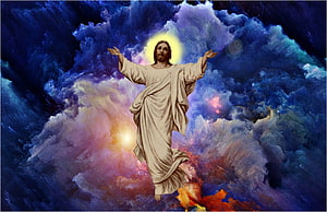 Jesus Christ with open arms and glowing halo floating above dramatic colorful clouds HD wallpaper