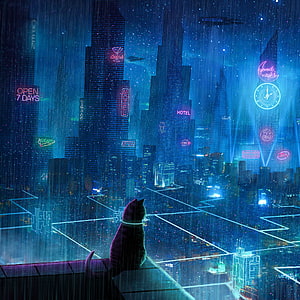 Cyberpunk Cat Silhouette Gazing at Neon Metropolis in Rainy Night Cityscape HD phone wallpaper
