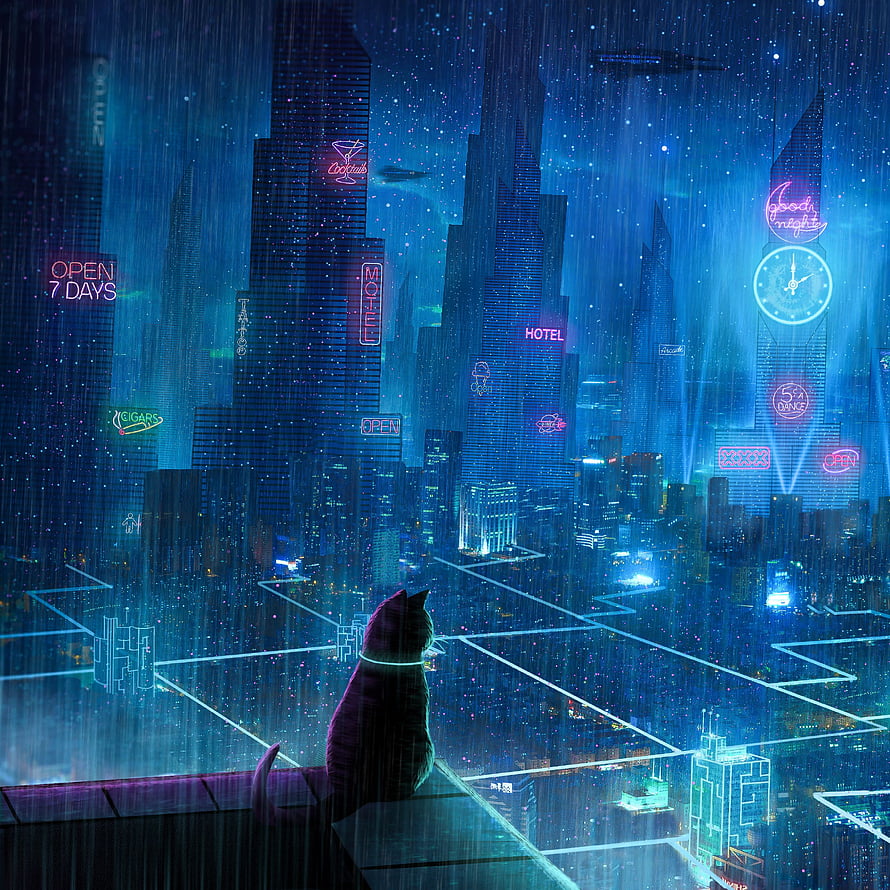 Cyberpunk Cat Silhouette Gazing at Neon Metropolis in Rainy Night Cityscape HD phone wallpaper