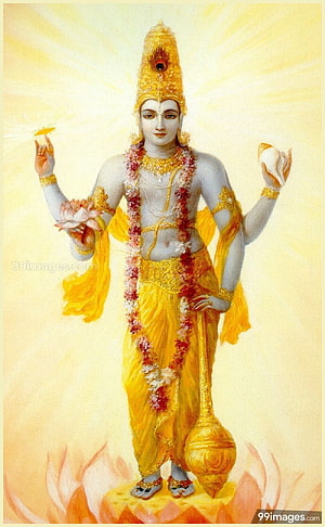 Lord Vishnu Standing on Lotus with Conch and Lotus in Traditional Indian Painting HD phone wallpaper