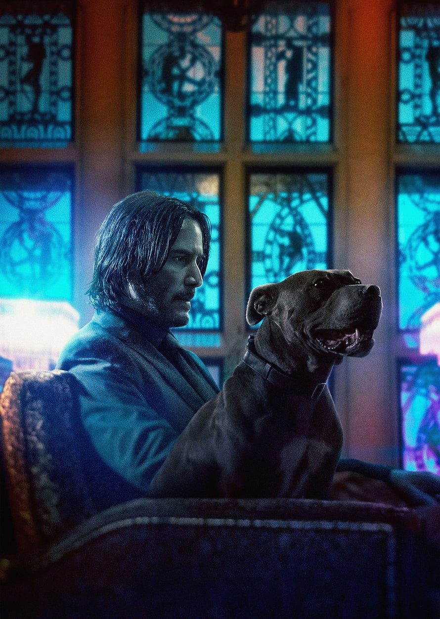 John Wick and His Dog in a Dimly Lit Room with Stained Glass Windows HD phone wallpaper