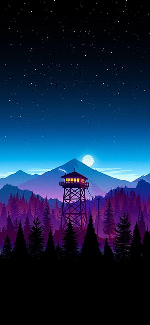 Illuminated Watchtower in a Starry Night Forest with Moonlit Mountains HD phone wallpaper