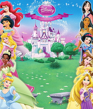Disney Princess Group Portrait with Enchanted Castle and Sparkling Sky HD phone wallpaper