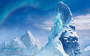 Frozen Ice Castle on Snowy Mountain Peak with Aurora Sky HD wallpaper
