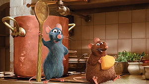 Ratatouille Animated Mice in Kitchen with Copper Pot and Cheese HD wallpaper